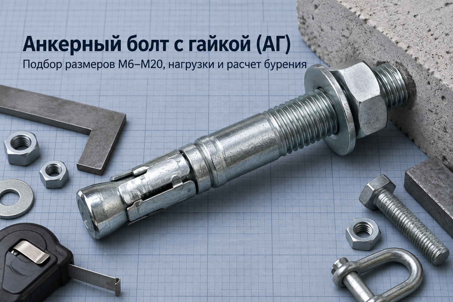 Анкерный болт с гайкой (АГ): подбор размеров М6–М20, таблица нагрузок, расчет бурения и монтаж в Казахстане