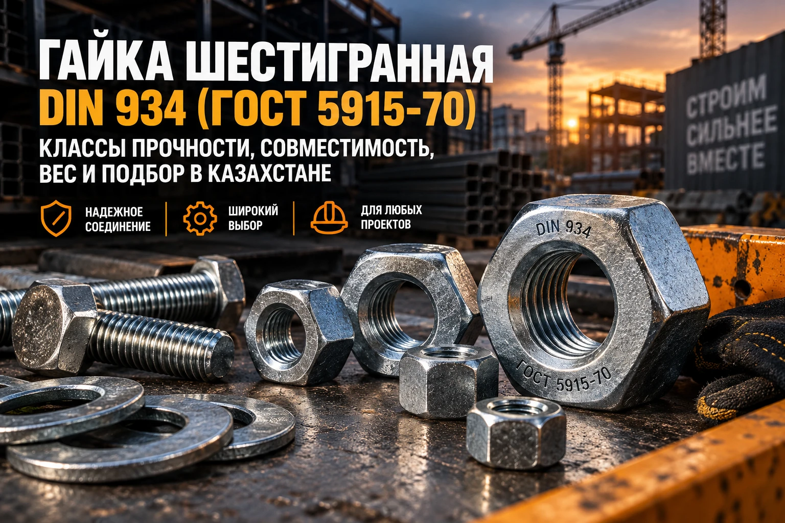 Гайка шестигранная DIN 934 (ГОСТ 5915-70): классы прочности (6, 8, 10, 12), совместимость с болтами, таблица веса М4–М48 и подбор в Казахстане